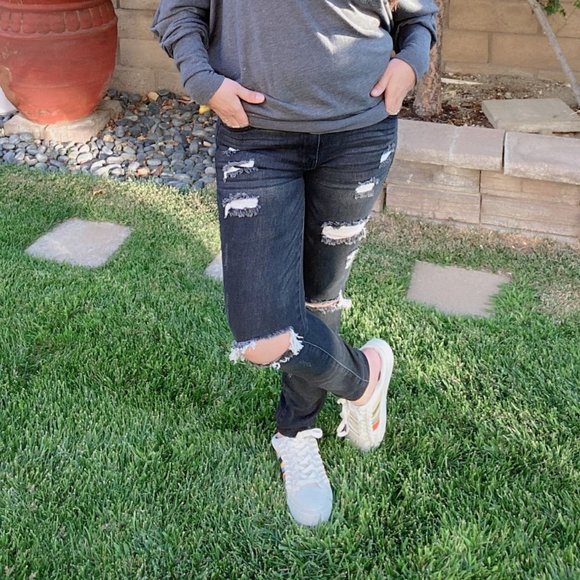 KANCAN KC5055DG Dark Gray Mid Rise Distressed Supe - Picture 1 of 9